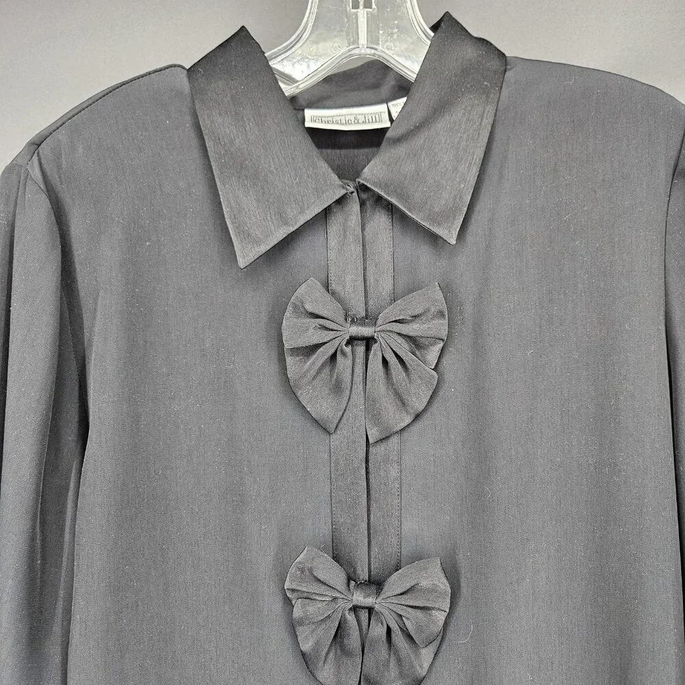 Vintage Christie and Jill Shirt Blouse Women Medium Black Bow Satin Trim 90s NEW - Picture 1 of 10